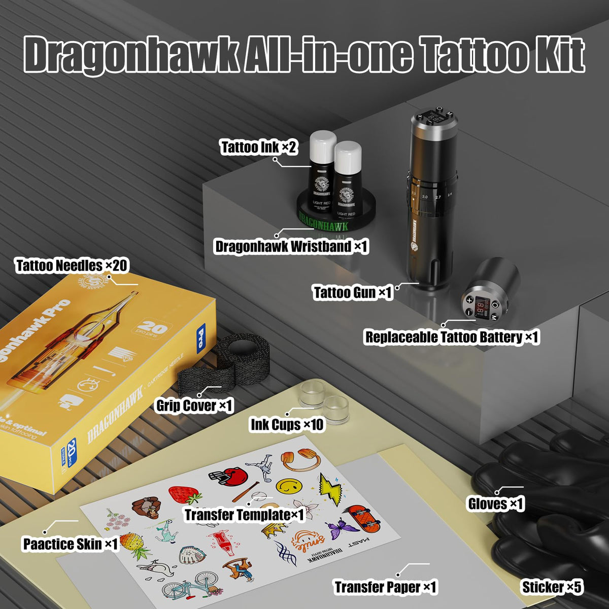 Dragonhawk wireless tattoo gun kit dual batteries enabling longer tattoo sessions.