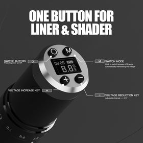 Dragonhawk wireless tattoo gun kit LED display shows voltage and power status.