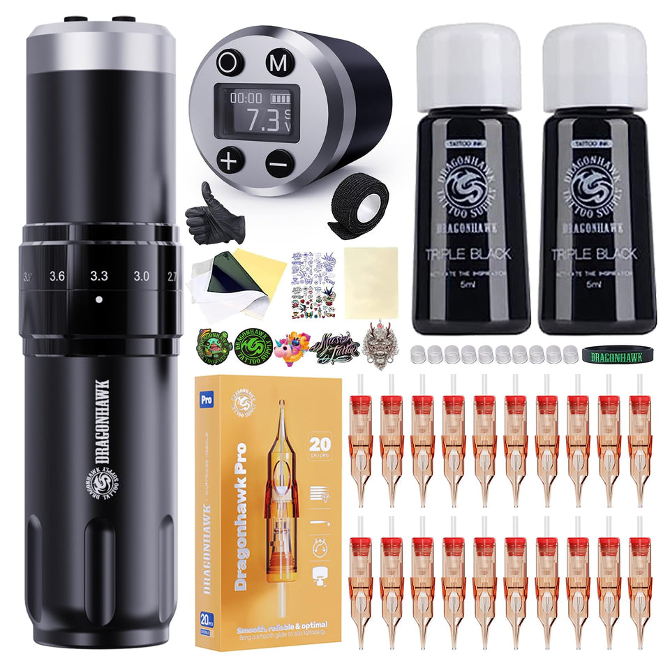 Dragonhawk wireless tattoo gun kit main unit with adjustable controls for precise setups.