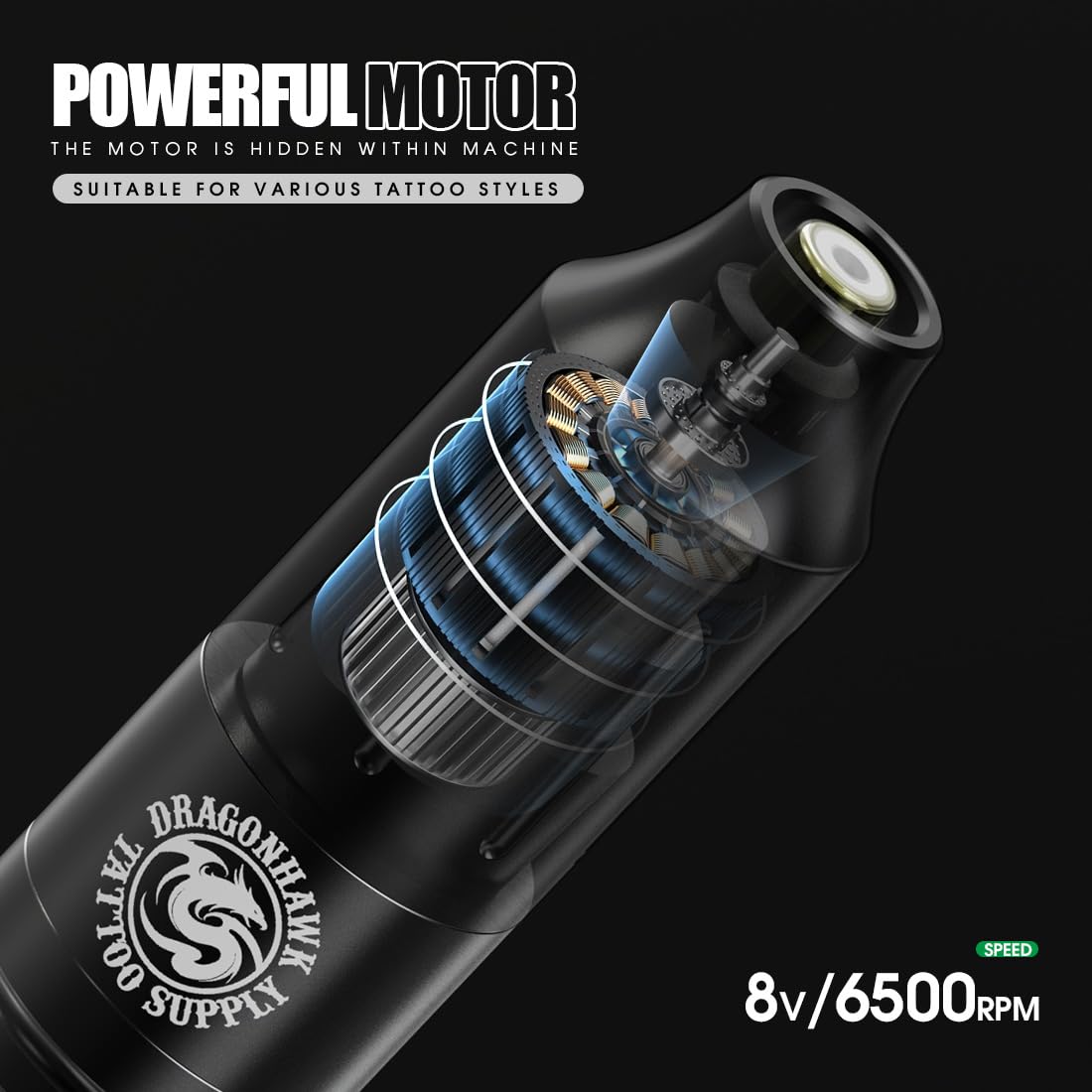 Dragonhawk wireless tattoo pen kit 1300mAh battery showcases long runtime.