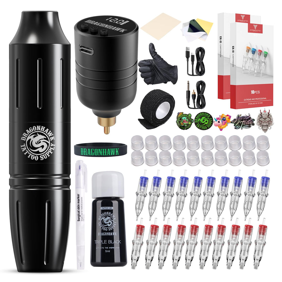Dragonhawk wireless tattoo pen kit front view for easy handling during sessions.