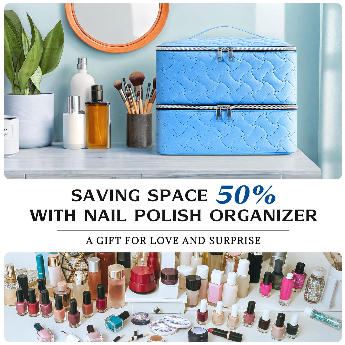 DreamGenius Nail Polish Organizer Case adjustable dividers for versatile tool arrangement.