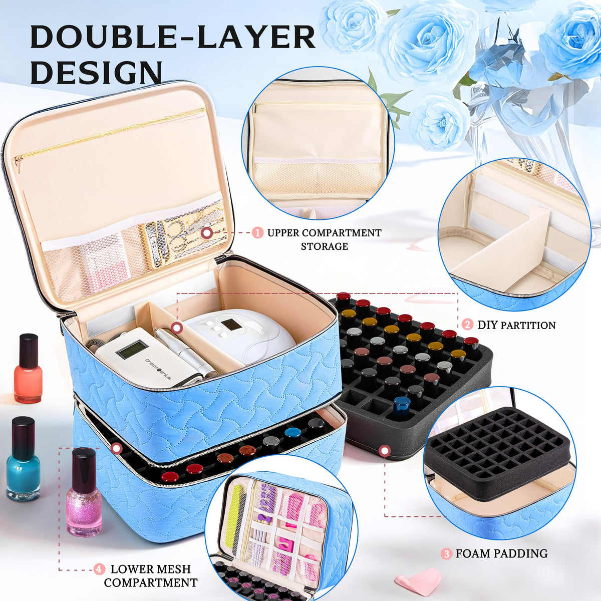 DreamGenius Nail Polish Organizer Case soft sponge protection reduces movement and bumps.