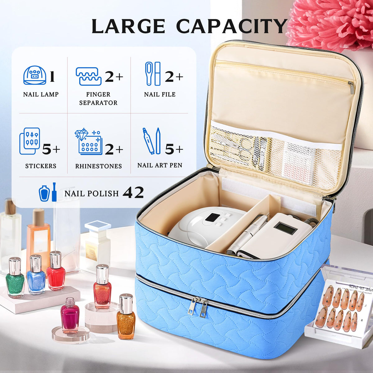 DreamGenius Nail Polish Organizer Case lower layer holds 42 bottles securely upright.