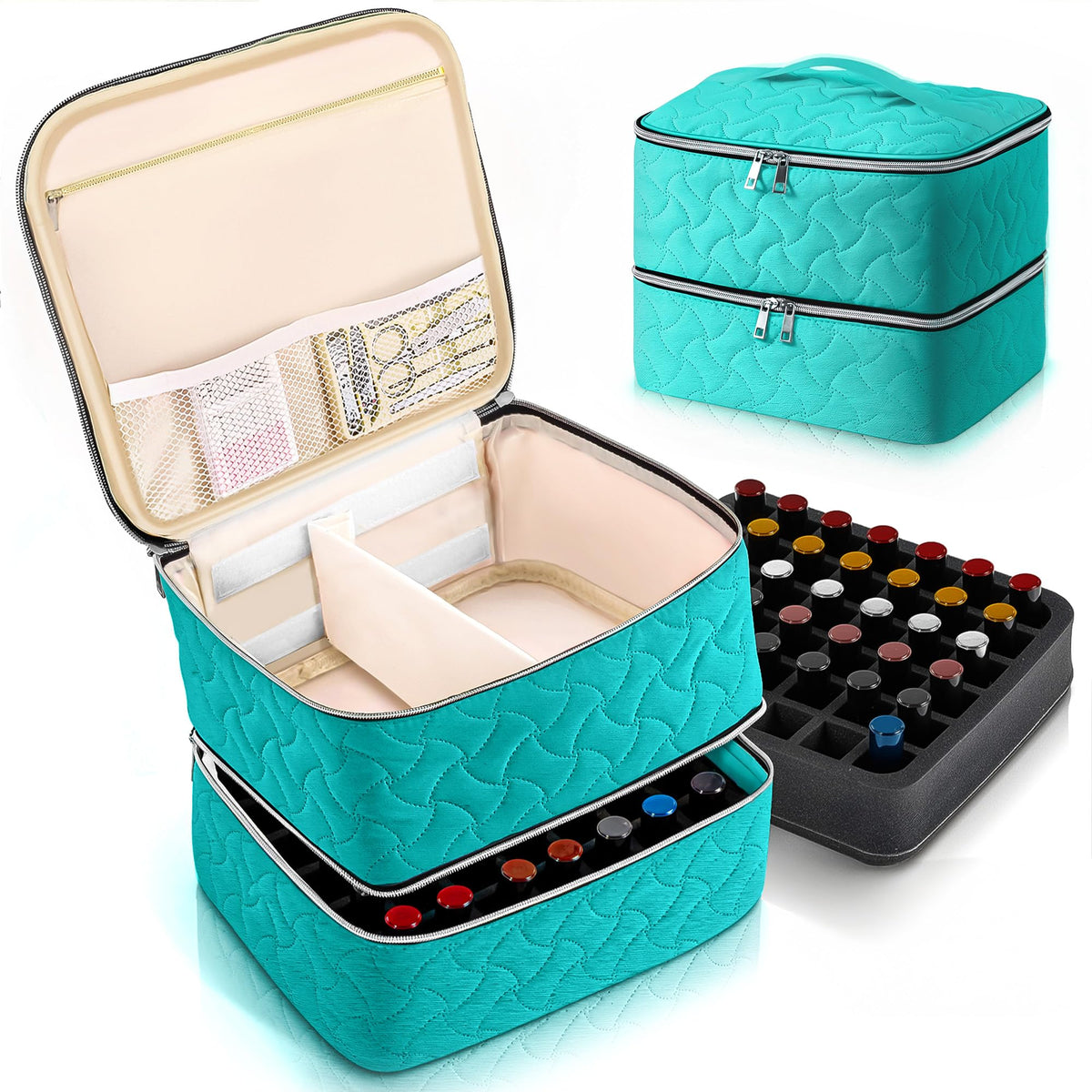 DreamGenius Nail Polish Organizer upper layer with adjustable dividers keeps bottles neatly organized.