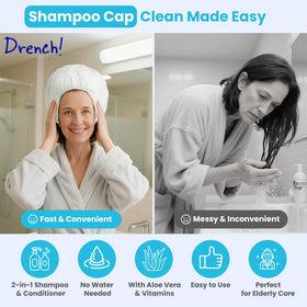 Drench no-water cap warmed in microwave for soothing wash