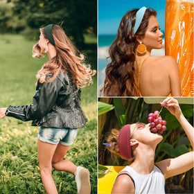 Model wears DRESHOW headband during yoga session.