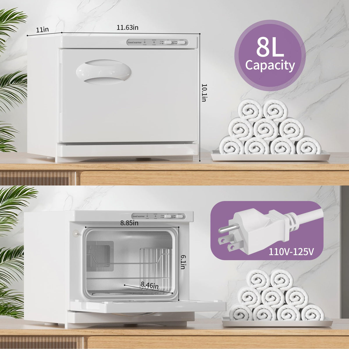 Dress Vous towel warmer with drip tray keeps moisture contained during use.