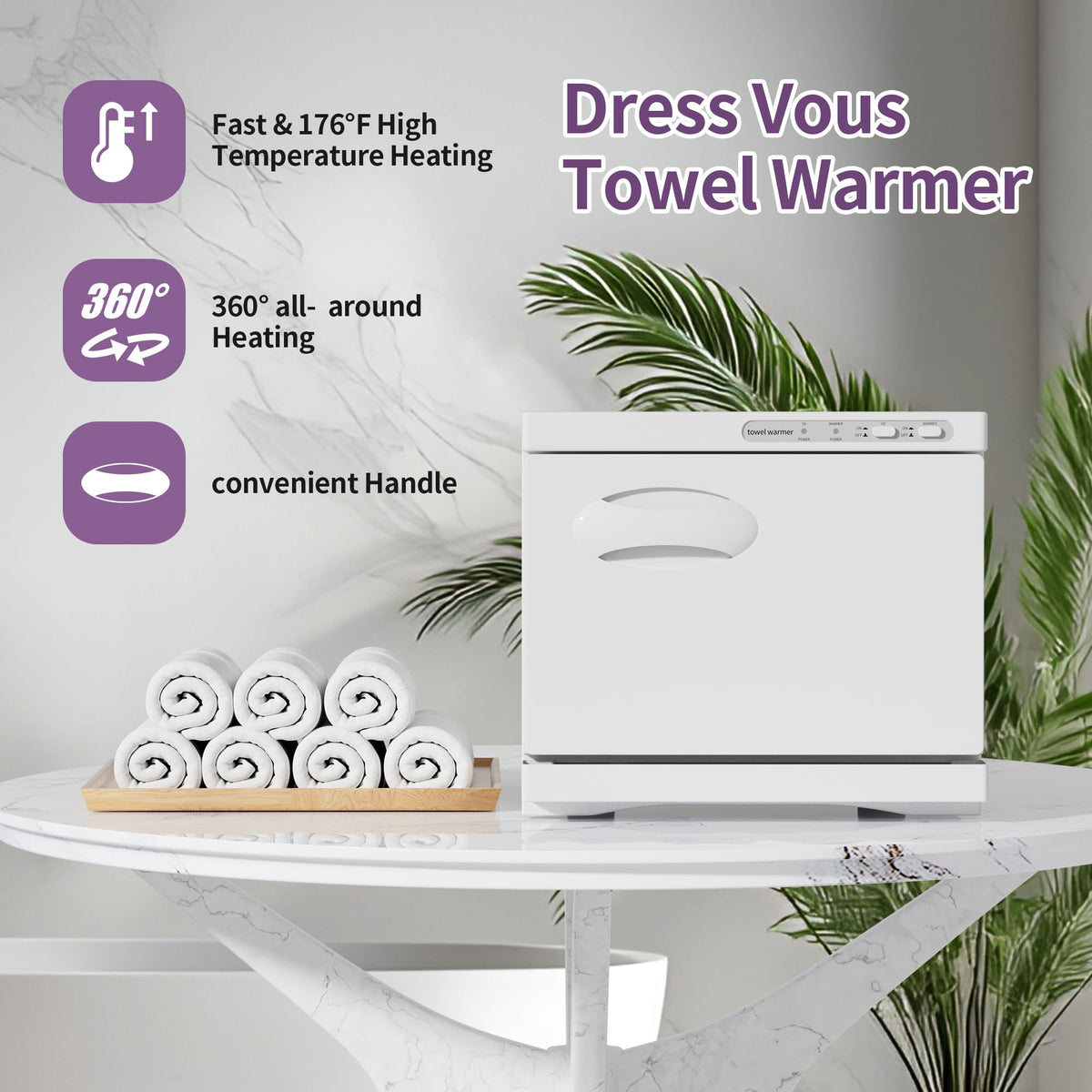 Dress Vous towel warmer top view highlights easy on/off control and accessibility.