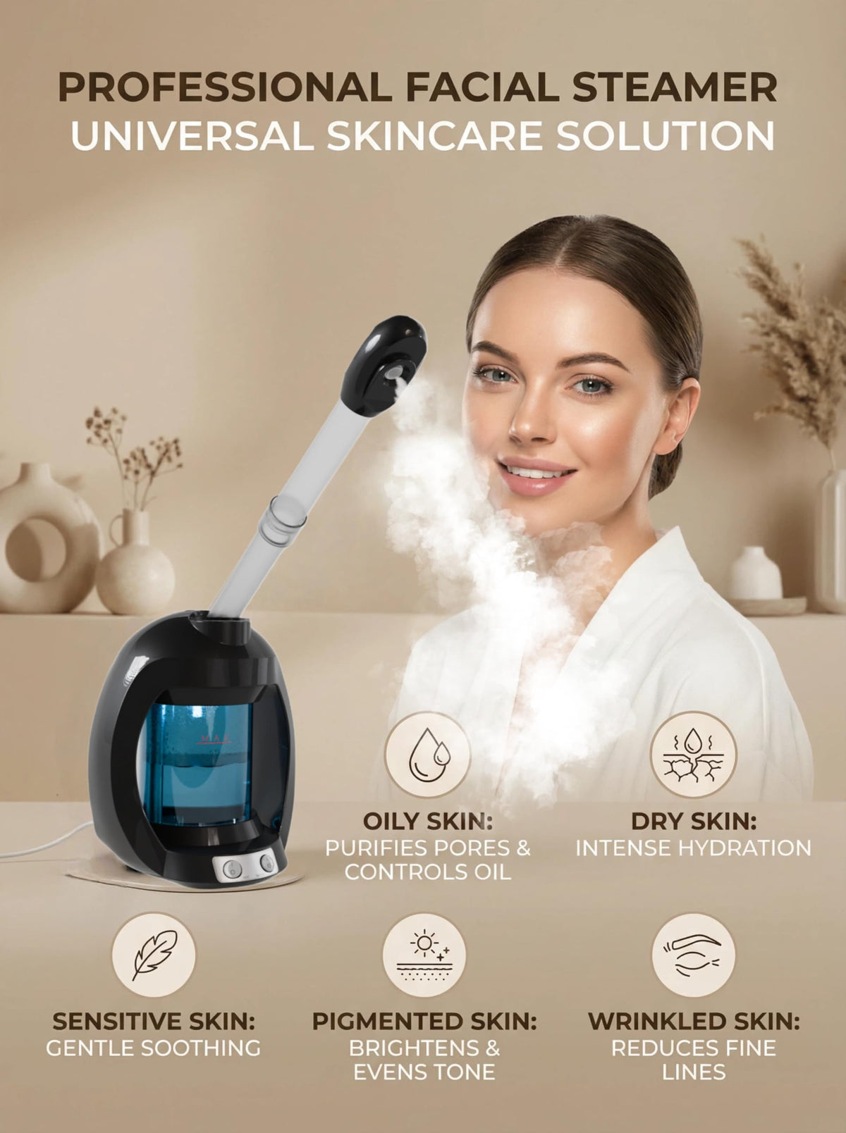 Dress Vous facial steamer tube design enabling flexible use while seated or lying