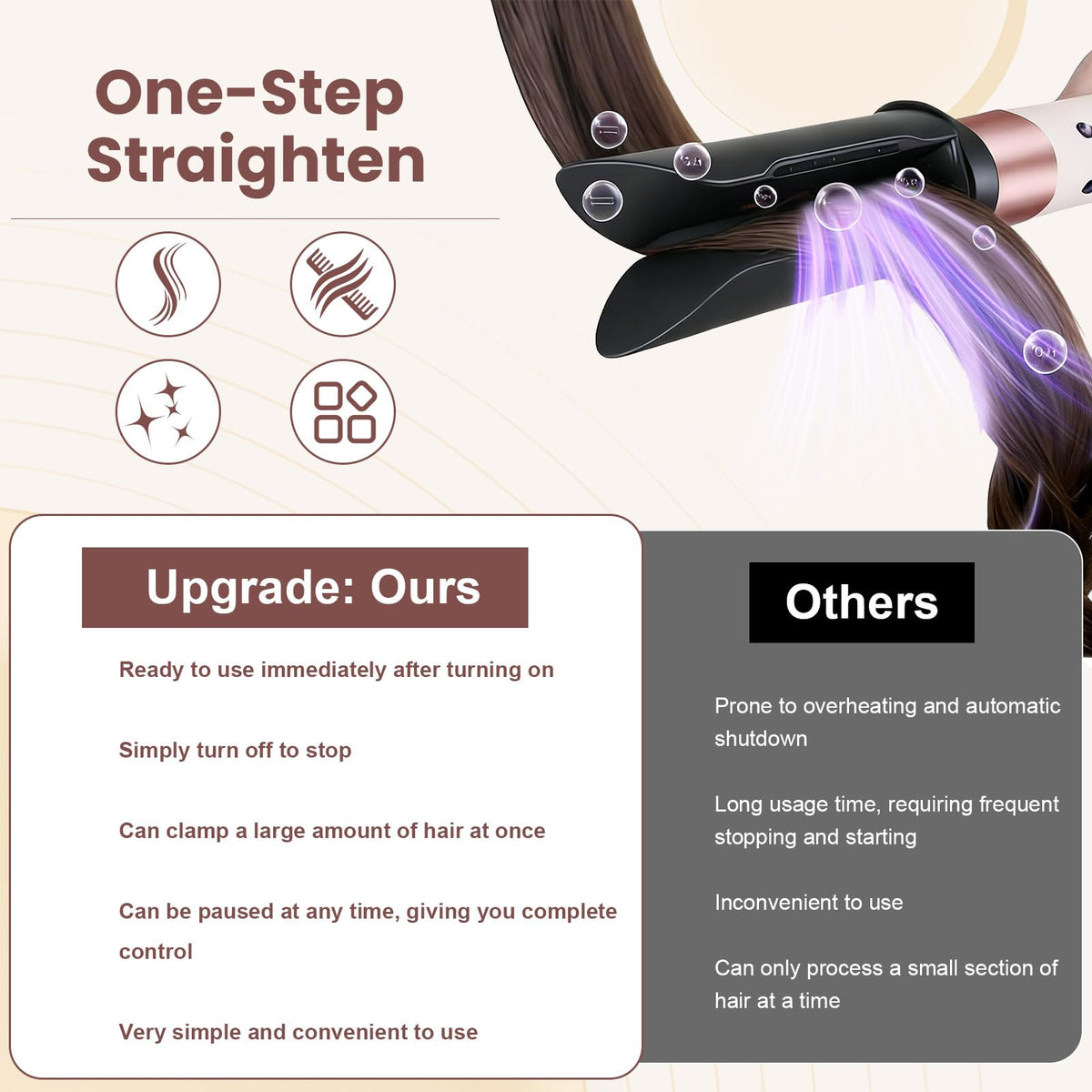 DrFlito attachment in action smoothing damp hair into glossy strands.