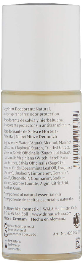 Dr. Hauschka Sage Mint Deodorant roll-on application for easy, gentle underarm use and odor control.
