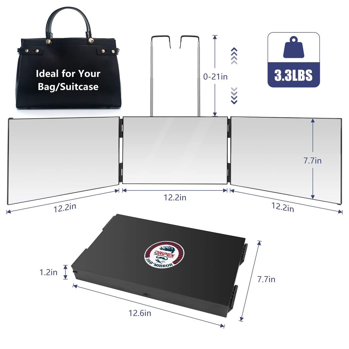 Dripex 3-Way Mirror wall-mount setup demonstrates versatile space installation.