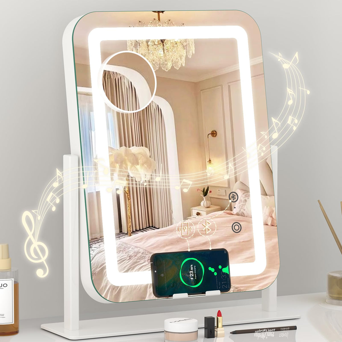 Dripex 5-in-1 vanity mirror showing integrated lights for flawless makeup application