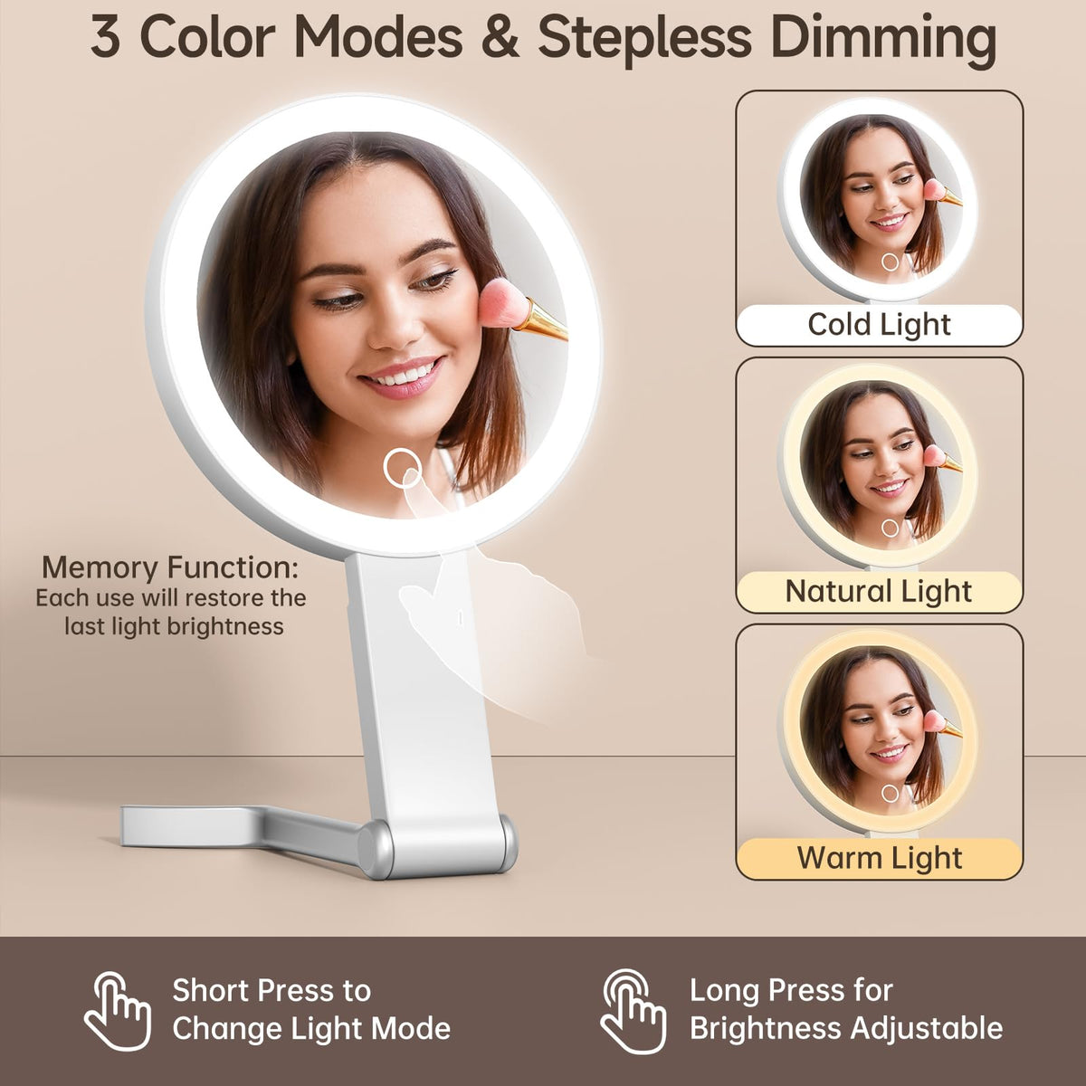 Compact travel makeup mirror with built-in lighting for on-the-go routines