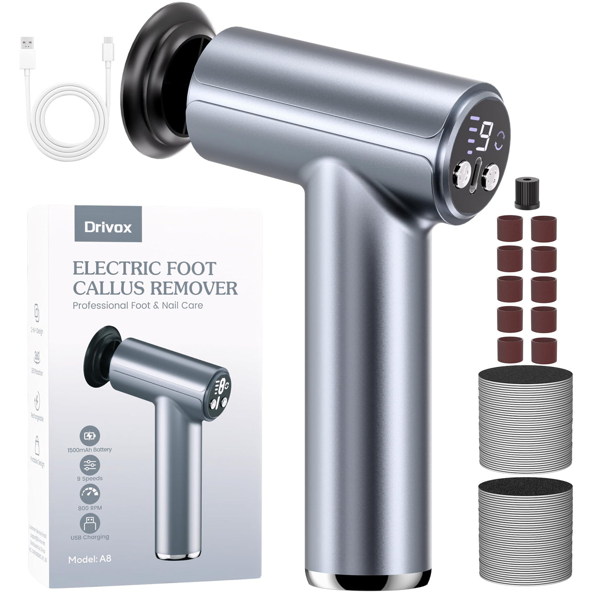 Drivox electric foot callus remover with rechargeable handle for home pedicure