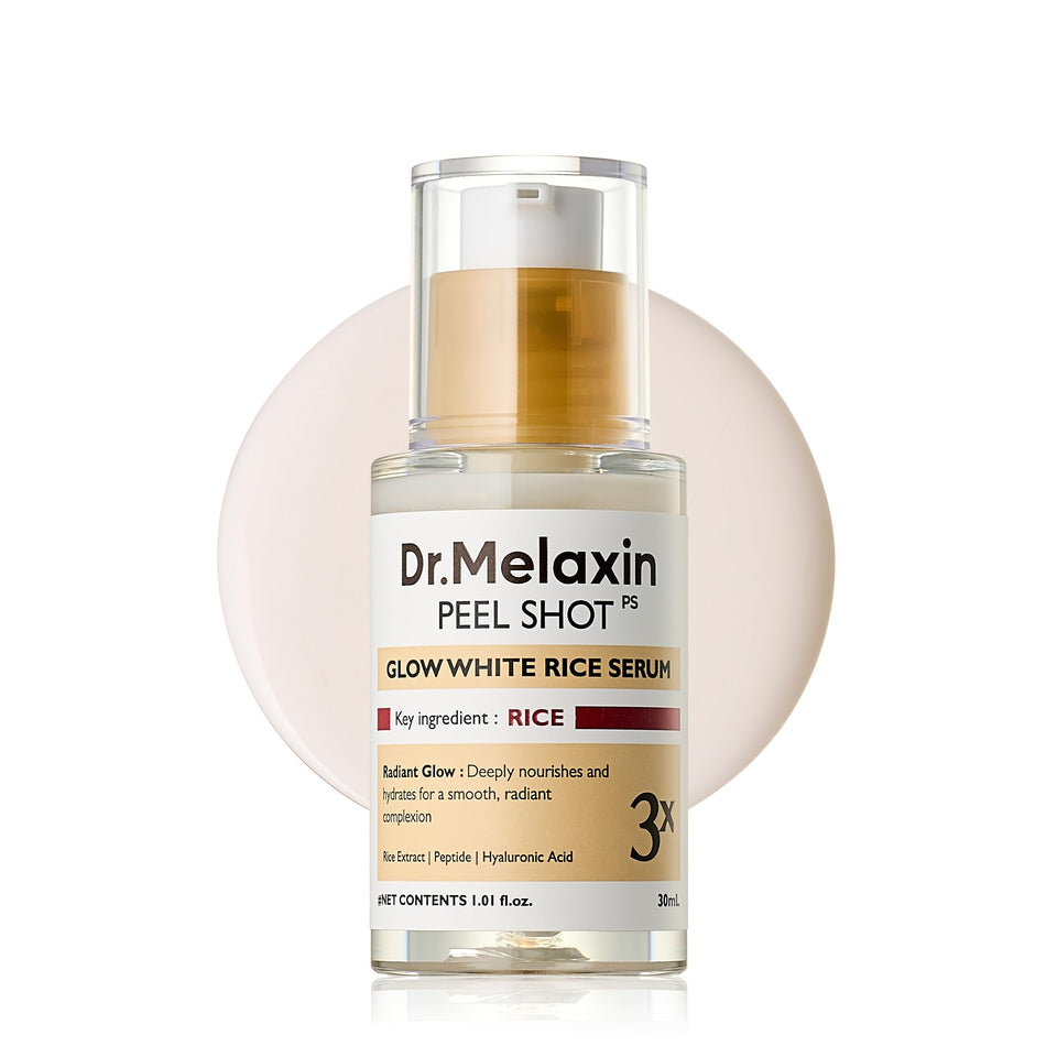 Dr.Melaxin Peel Shot Glow Rice PDRN Serum bottle close-up for smooth texture.