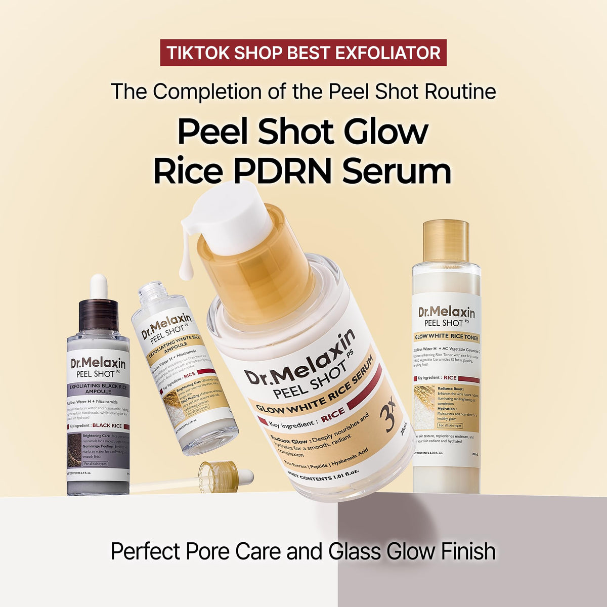 Dr.Melaxin Peel Shot Glow Rice PDRN Serum dropper ready for daily use.