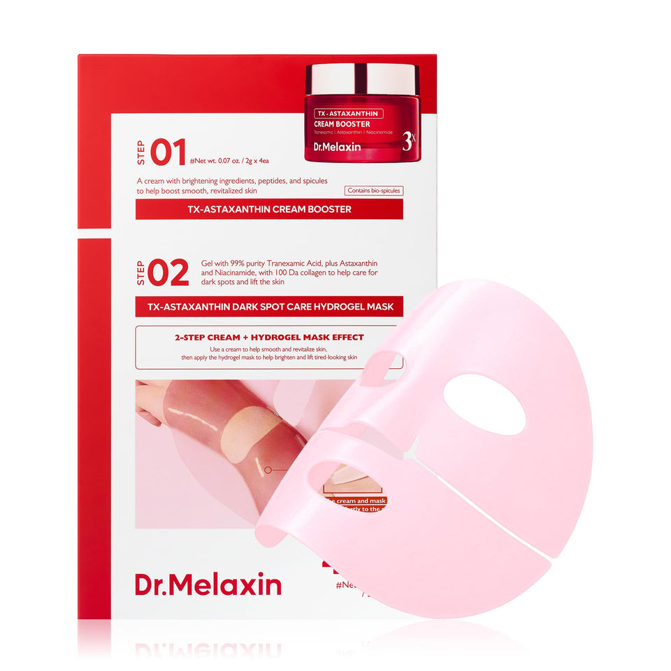 Dr.Melaxin TX mask packshot showing the four-sheet box for brightening and firming.