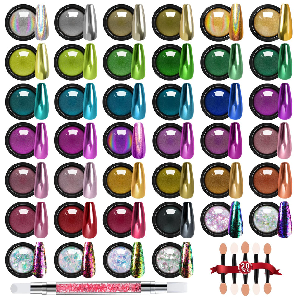 DRMODE Mirror Chrome Nail Powder Set shows vibrant 40-color options for salon-worthy chrome finishes.