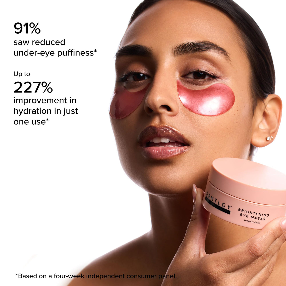 DRMTLGY eye patches close-up showing hydration for under-eye skin.