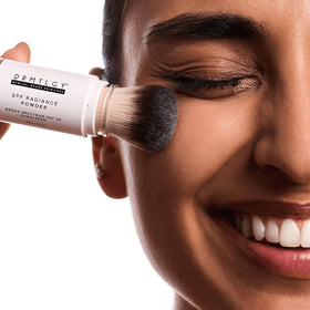 DRMTLGY Radiance Powder matte finish on skin after blending.