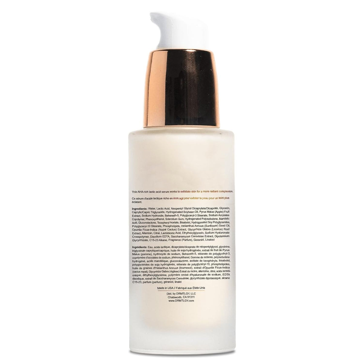 Open bottle and ingredients graphic references AHA and PHA exfoliation