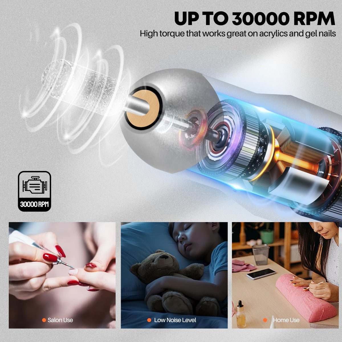 Droyek 30k RPM nail drill spinning smoothly for fast acrylic removal.