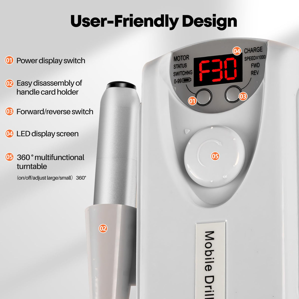 Droyek rechargeable nail drill with compact design enables cordless sessions.