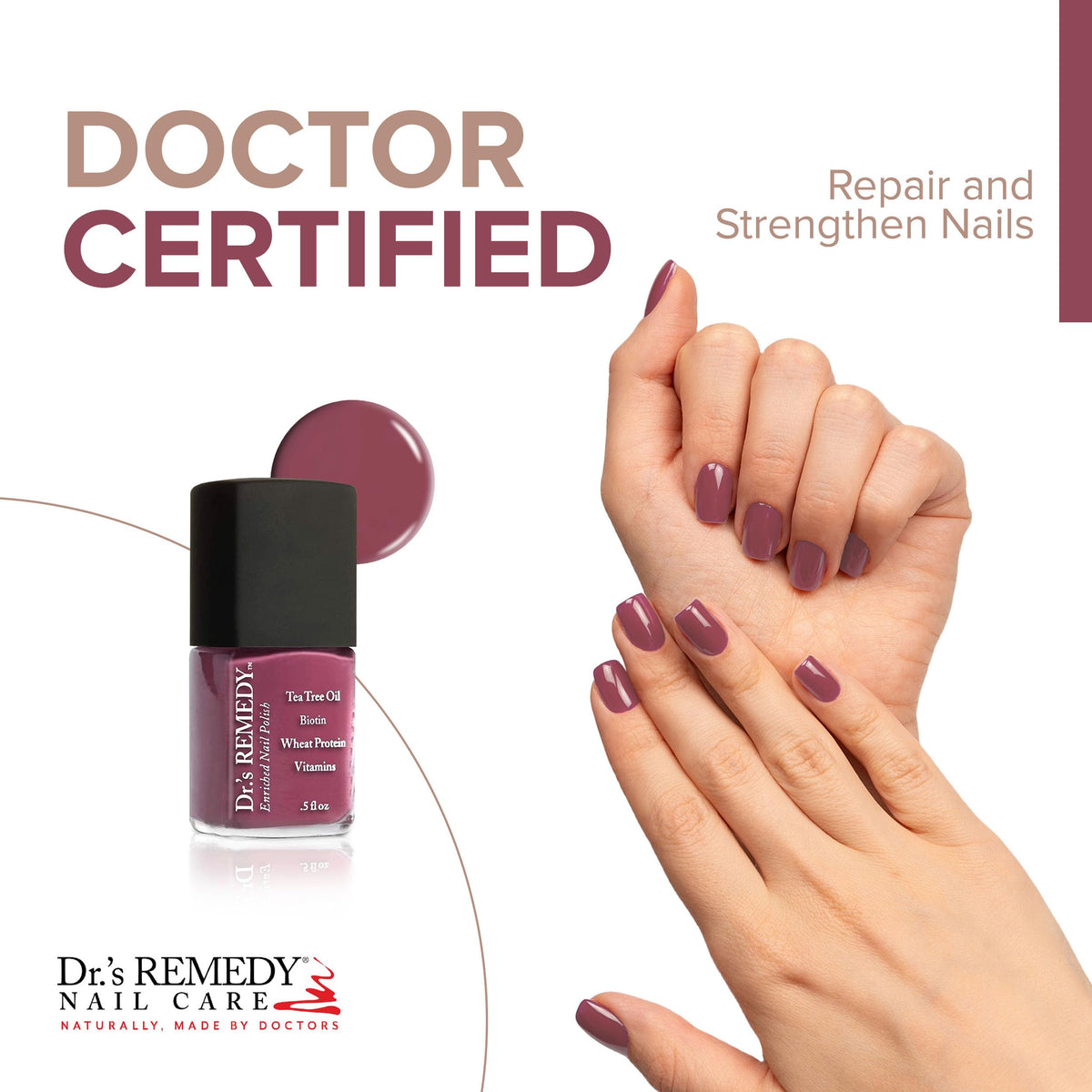 Dr.'s Remedy Brave Berry color swatch highlights a bold shade with long-lasting shine.
