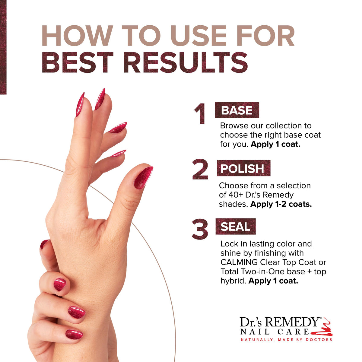 Base coat and top coat pairing with Dr. Remedy Enriched Nail Polish boosts durability.