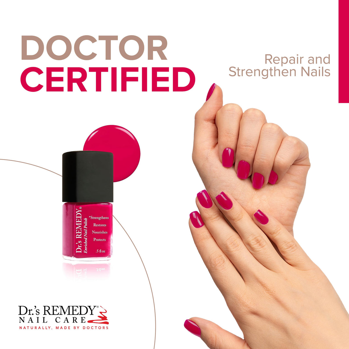Dr.'s Remedy Enriched Nail Polish brush applying for quick-dry, lasting color.