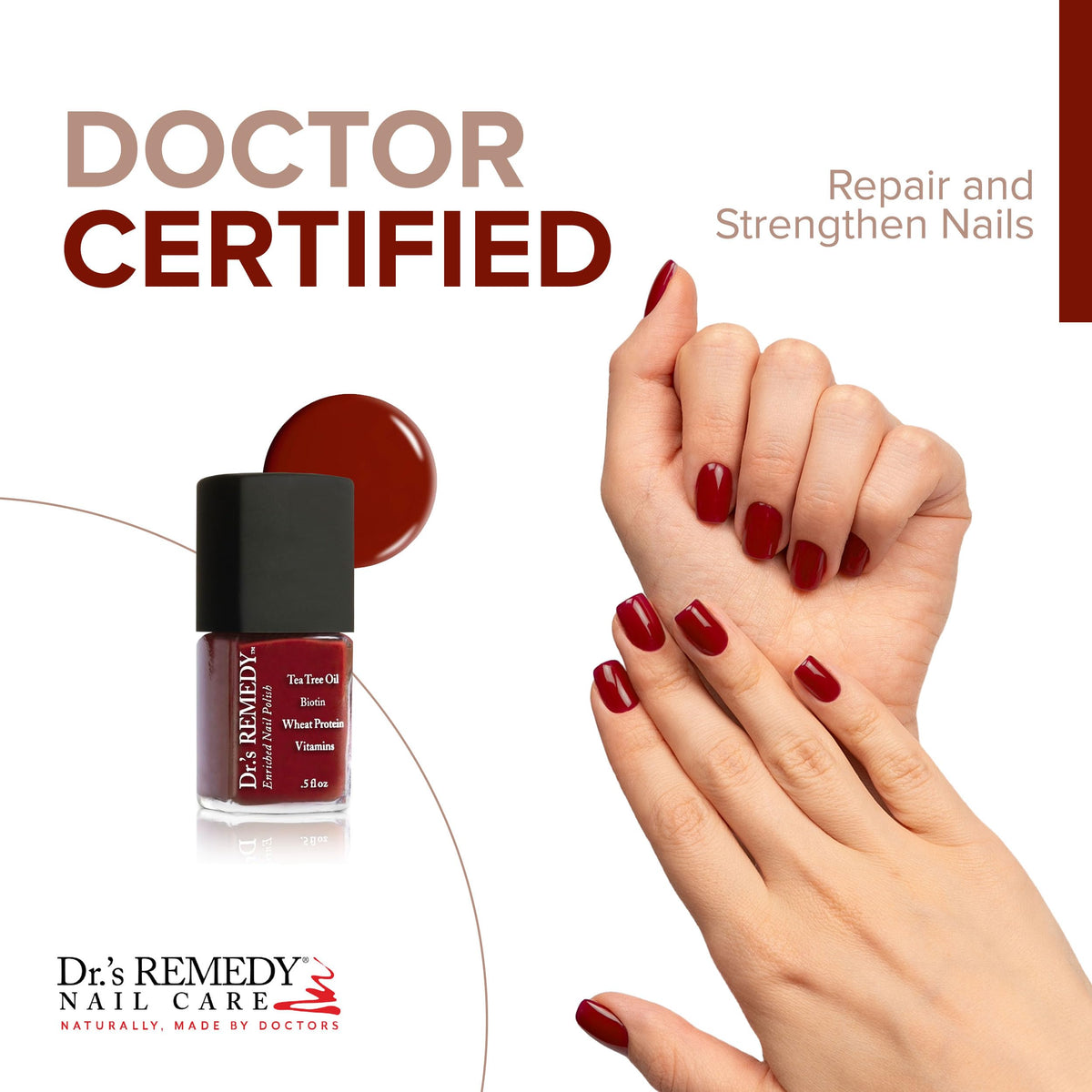 Dr.'s Remedy Enriched Nail Polish Remedy Red brush stroke shows smooth application and shine.