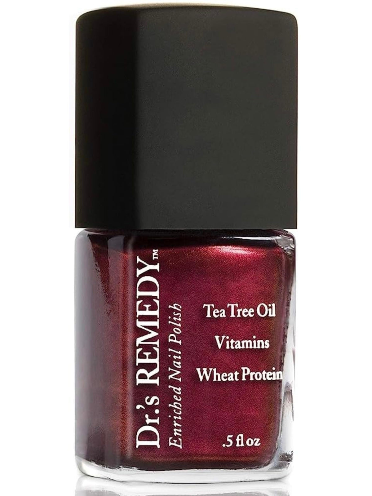 Dr.'s Remedy Enriched Nail Polish Revive Ruby Red bottle shows vibrant color and long wear.