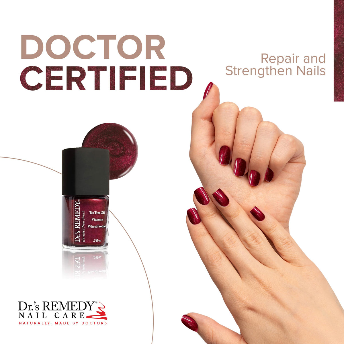 Dr.'s Remedy Enriched Nail Polish brush applying ruby red gloss for salon-worthy shine.