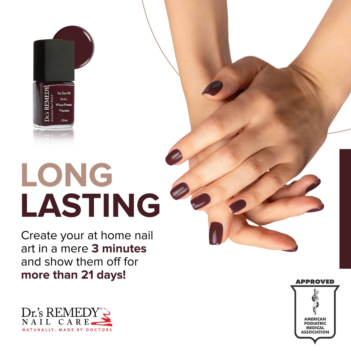 Close-up of Dr.’s Remedy Merlot nails shows a glossy, fortified finish.