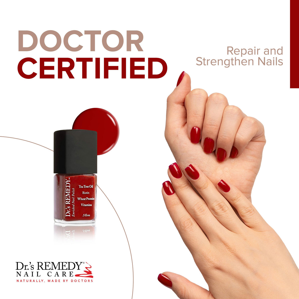 Dr.’s Remedy Rescue Red brush close-up reveals smooth, even application.