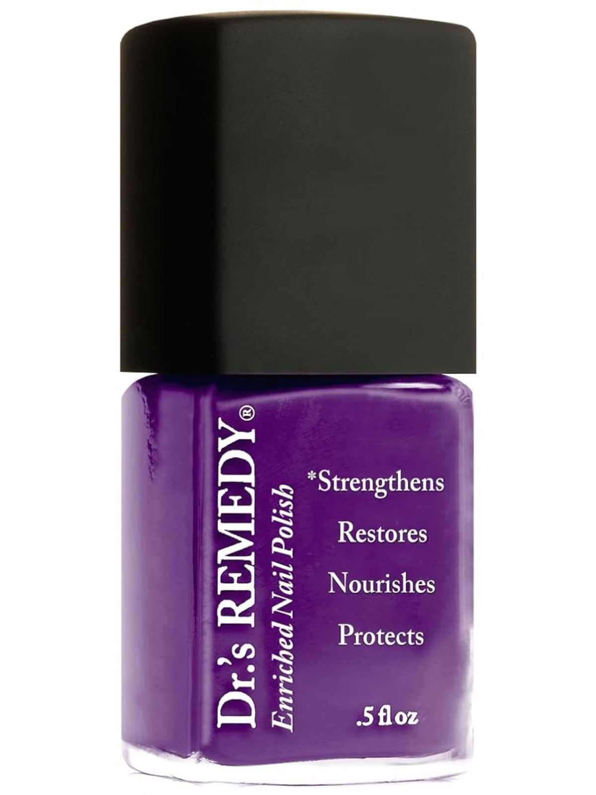 Dr.’s Remedy Vivacious Violet nail polish bottle shows vibrant color and long-lasting shine.
