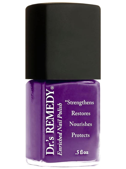 Dr.’s Remedy Vivacious Violet nail polish bottle shows vibrant color and long-lasting shine.