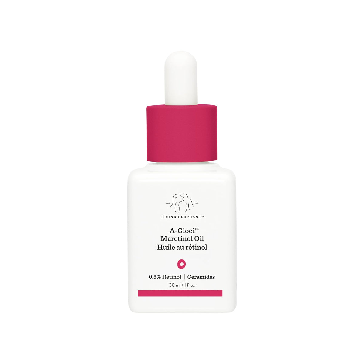 Drunk Elephant A-Gloei Maretinol Oil bottle close-up showing gentle retinol support.