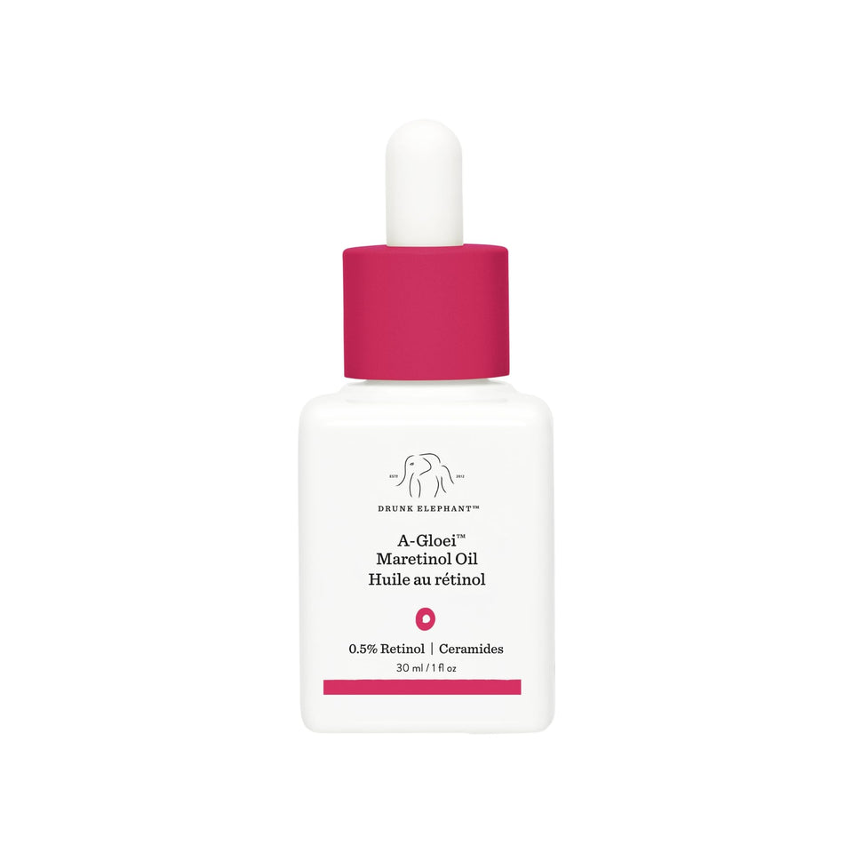 Drunk Elephant A-Gloei Maretinol Oil bottle close-up showing gentle retinol support.