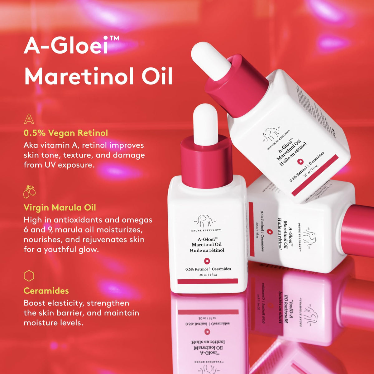 Drunk Elephant A-Gloei Maretinol Oil on skin showing smooth texture absorption.