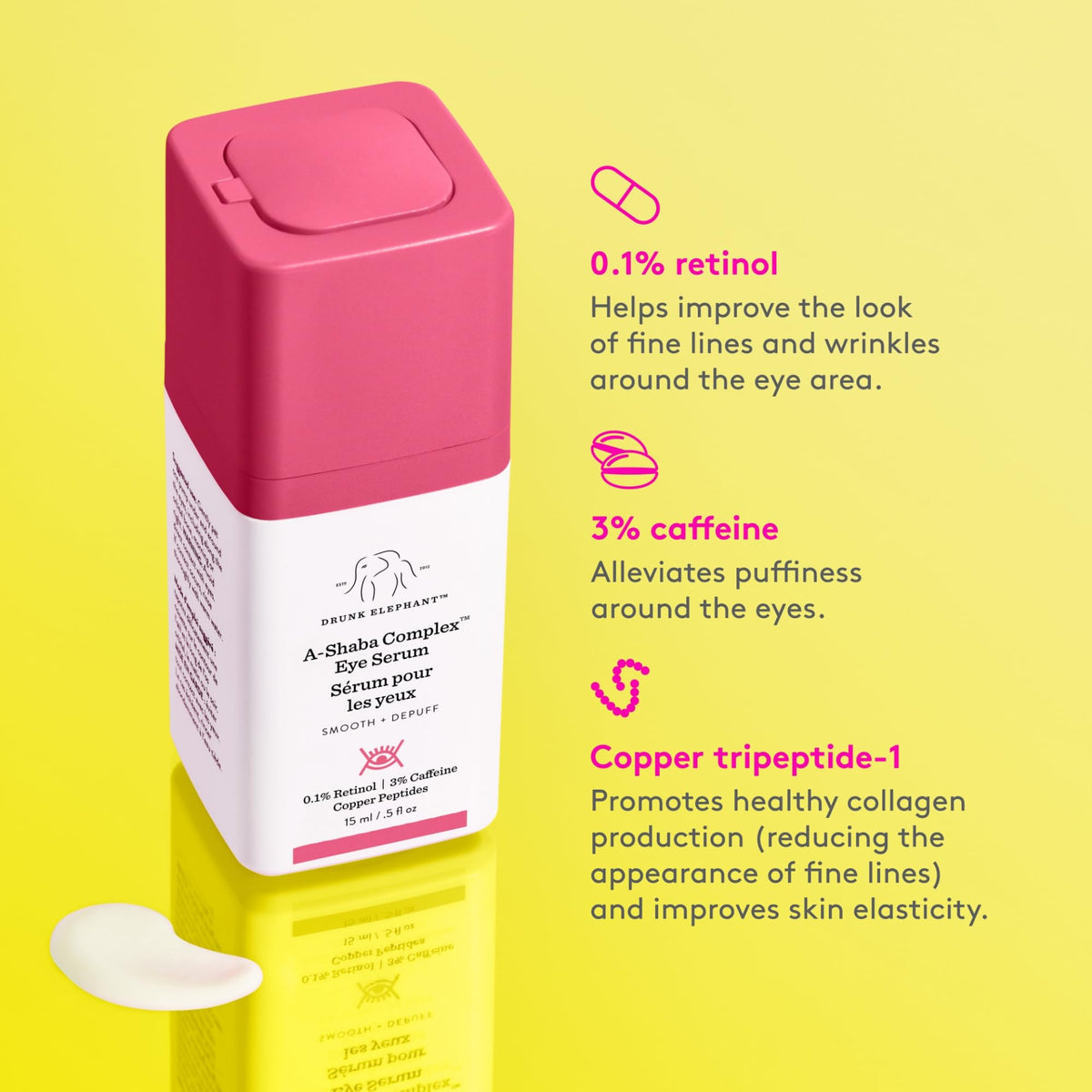 Drunk Elephant A-Shaba Complex Eye Serum vegan retinol details shown for eye skin care.