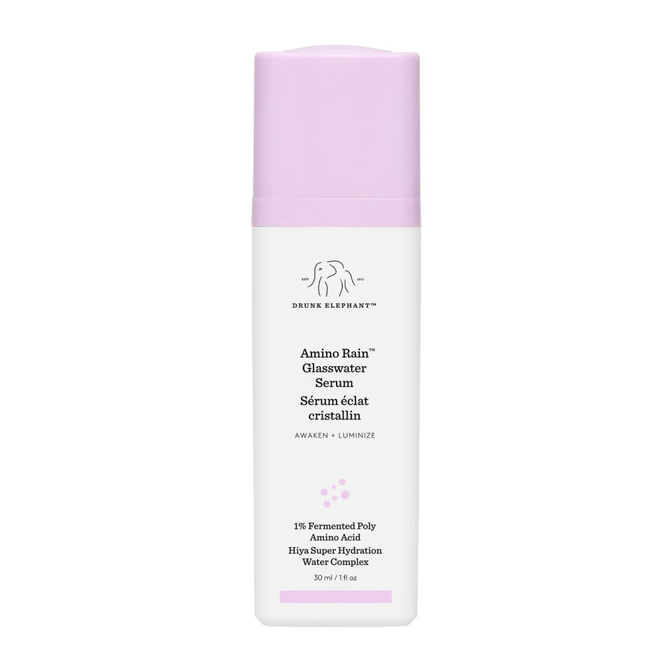 Drunk Elephant Amino Rain Glasswater Serum bottle pour shows hydration and a soft glow.