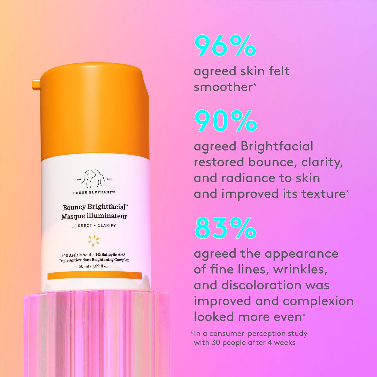 Drunk Elephant Bouncy Brightfacial application with hands demonstrates on-the-go glow