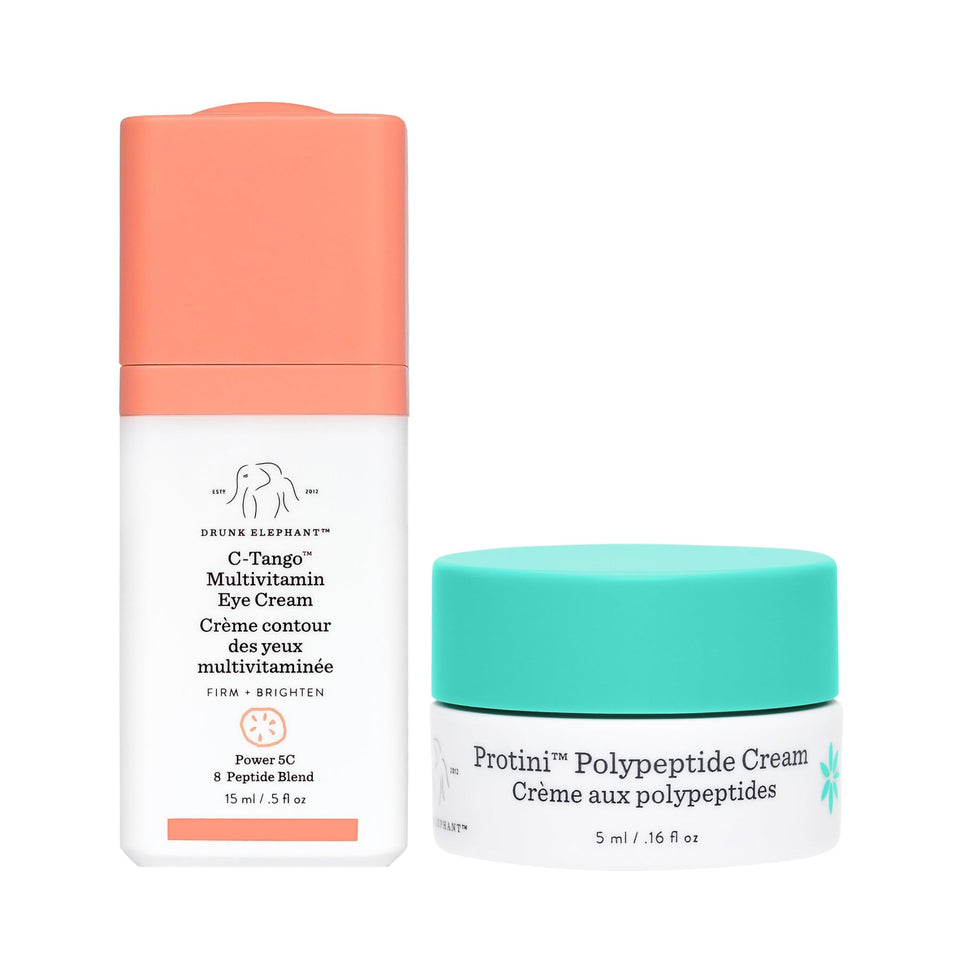Drunk Elephant C-Tango eye cream jar close-up shows brightening vitamin C benefits.