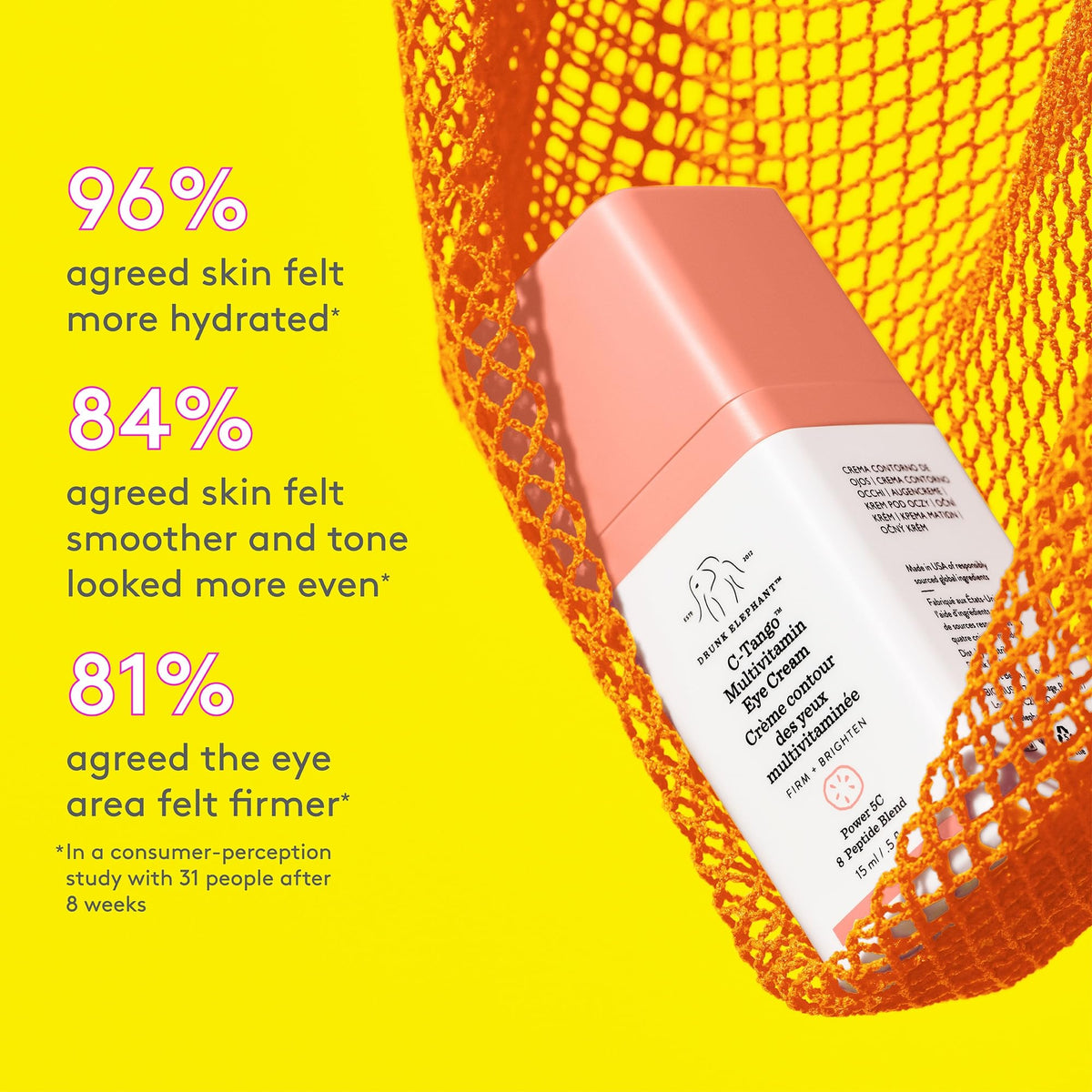 Drunk Elephant C-Tango peptide blend image highlights firming under-eye results.