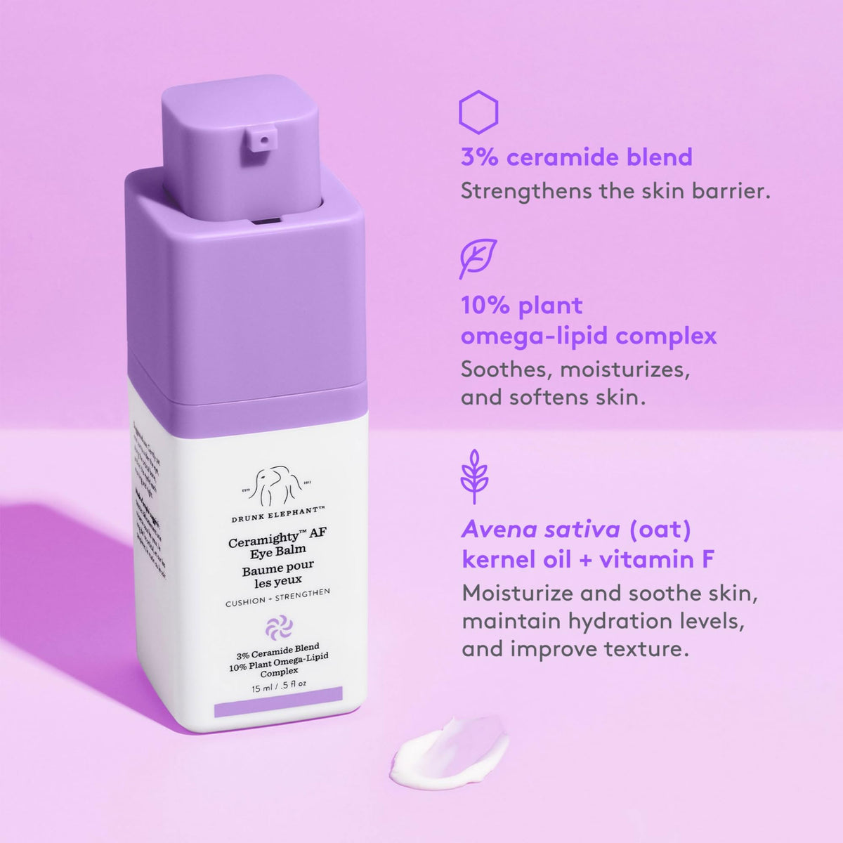 Drunk Elephant Ceramighty AF Eye Balm ingredients label emphasizes ceramides and omega oils.