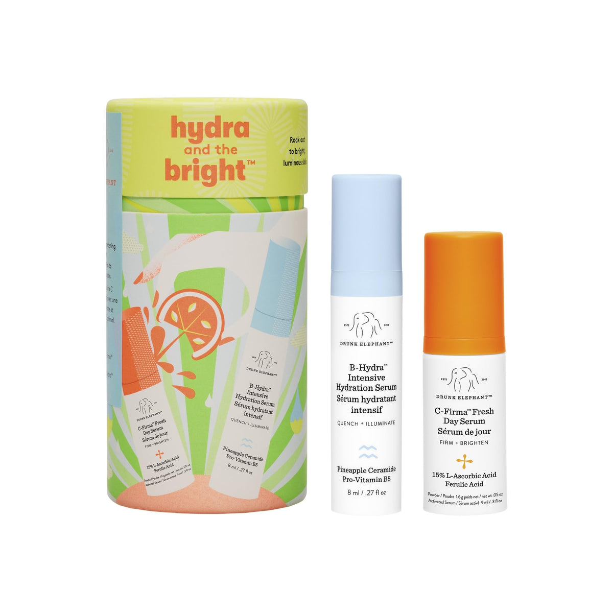 Drunk Elephant C-Firma serum bottle pump close-up showing brightening formula for morning glow