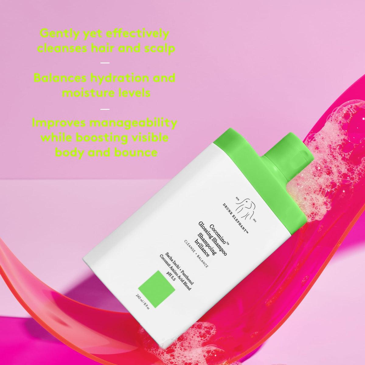Drunk Elephant Cocomino Glossing Shampoo ingredients include sacha inchi oil for shine.